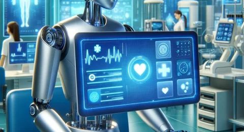 DALL·E-2023-12-05-08.05.38-Illustration-of-a-medical-chatbot-represented-as-a-humanoid-figure-in-a-futuristic-medical-office.-The-chatbot-a-sleek-anthropomorphic-robot-with-a-